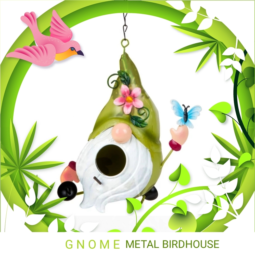 Gnome Metal Birdhouse or Decor - Green and White